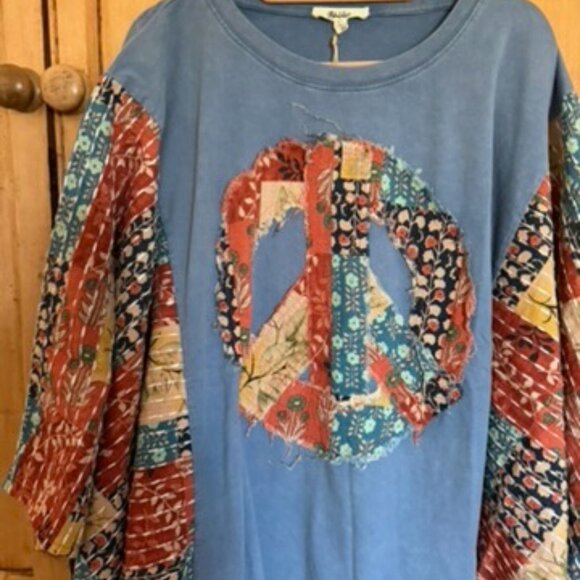 BLUE VELVET PATCHWORK PEACE SIGN PONCHO TOP NWT - Picture 7 of 9